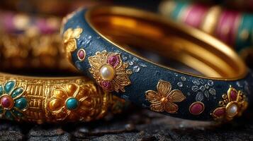Colorful decorative bangles featuring intricate floral designs displayed on a textured surface photo