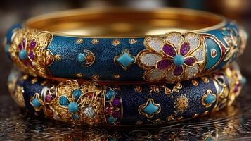 Beautifully crafted bangles with intricate designs and vibrant colors displayed on a reflective surface photo