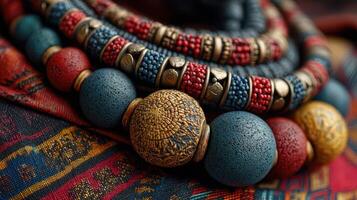 Vibrant handmade jewelry pieces showcasing intricate beadwork and colorful designs on fabric background photo