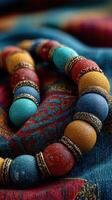 Vibrant handmade necklace with colorful beads displayed on a richly patterned fabric photo