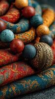 Colorful handmade beads and textured fabrics arranged artistically on a surface in a vibrant display photo