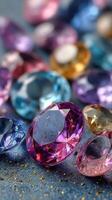 Colorful collection of sparkling gemstones displayed on a textured surface in bright light photo
