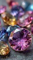 Stunning collection of colorful gemstones showcasing intricate facets and vibrant hues against a soft backdrop photo