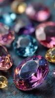 Colorful gemstones sparkle on a textured surface showcasing their brilliant facets in natural light photo