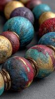 Vibrant handcrafted beads on a gray surface showcasing artistic craftsmanship and colorful designs photo
