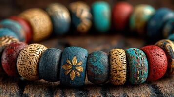 Colorful handcrafted wooden beads displayed on a rustic wooden surface with intricate designs and warm textures photo