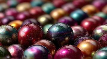 Colorful marbles with water droplets create a visually stunning arrangement on a smooth surface photo
