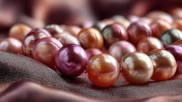 Colorful pearls arranged elegantly on soft fabric showcasing their luster and beauty in natural light photo