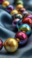 Colorful beads arranged on smooth fabric create an elegant display in a close-up shot highlighting intricate details and reflections photo