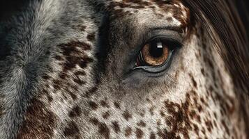 Captivating close-up of a horse's eye showcasing intricate patterns and textures during a sunny afternoon photo
