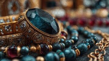 Beautifully crafted vintage jewelry featuring intricate designs and rich colors on display at a local artisan market in the afternoon photo