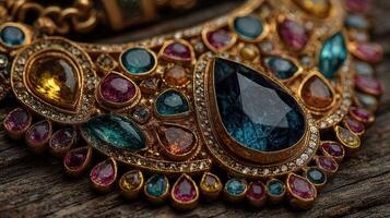 Intricate gold necklace adorned with colorful gemstones on a wooden surface capturing the light photo