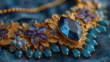 Elegant jewelry design featuring intricate goldwork and stunning blue gemstones showcased on a textured background photo