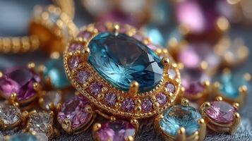 Exquisite jewelry piece adorned with colorful gemstones displayed artistically on a luxurious fabric background photo