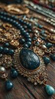 Elegant vintage jewelry display featuring intricate designs and rich gemstones on a wooden surface photo