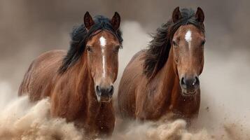 Horses run swiftly through dusty terrain captured during golden hour photo