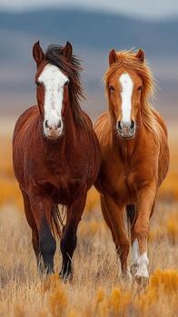 Horses running together in a vibrant meadow during an autumn day in the countryside photo
