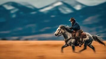 Cowboy riding a gray horse across an open field with mountains in the background during sunset photo