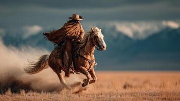 Cowboy riding a horse across a vast landscape with mountains in the background during sunset photo