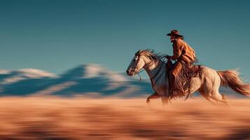 Cowboy rides a white horse across open plains with mountains in the background during sunset photo