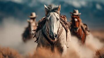 Herding horses through dusty plains in the early morning light with cowboys in the background photo