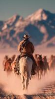 Cowboy herding cattle through dusty terrain with mountains in the background at sunset photo