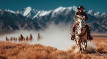 Cowboy riding a white horse across open plains with mountains in the background during golden hour photo
