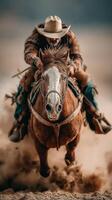 Cowboy rides galloping horse through dusty terrain during golden hour of sunset in open plains photo