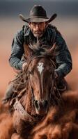 Rider on a galloping horse creates dust clouds in an open field during golden hour photo
