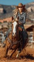 Rider competes in rodeo event on horseback against stunning mountainous backdrop during sunny afternoon photo