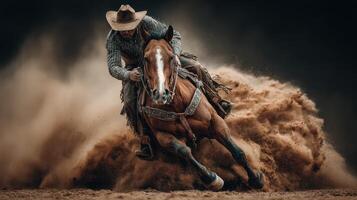 Rider pushes horse to its limits during a competitive rodeo event at dusk in an outdoor arena filled with excitement and energy photo