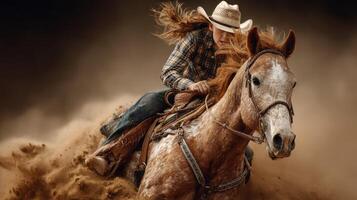 Cowgirl rides a spirited horse through dusty terrain during a sunset event in a western landscape photo