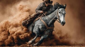 Rider competes in a rodeo event on a gray horse against a backdrop of dusty terrain under a clear sky photo