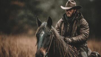 Cowboy riding a horse in a moody forest setting during a rainy afternoon exploring nature's beauty photo