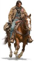 Horseman in rugged attire rides through open terrain on a powerful brown horse during a sunny day photo
