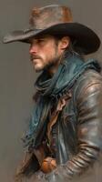 Cowboy in rugged attire gazes thoughtfully against a neutral background photo