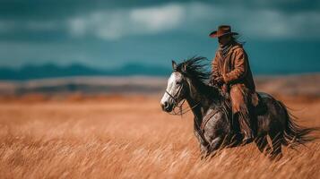 Cowboy riding a gray horse through golden grasslands under a dramatic sky in the afternoon photo