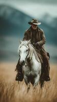 Cowboy riding a grey horse through golden grassland under cloudy skies in a mountainous region photo