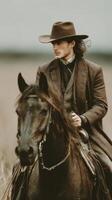 Cowboy riding a horse across open plains during overcast weather photo