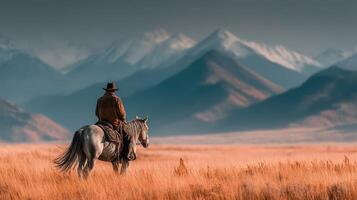 Cowboy riding a gray horse in a vast landscape with mountains at sunset in the background photo