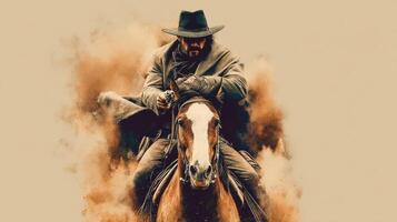 Cowboy rides through dust storm with revolver drawn during sunset in rugged western terrain photo