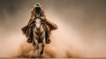 Rider in dusty landscape gallops with determination under a cloudy sky during sunset hour showcasing the essence of adventure photo