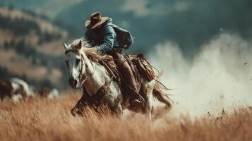 Rider gallops across a golden field on a white horse under a cloudy sky near the mountains at dusk photo