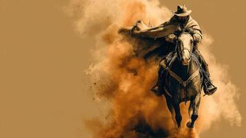 Cowboy riding horse through dust in western landscape during sunset photo