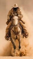 Dramatic horse rider in motion through dusty landscape during a golden hour photo