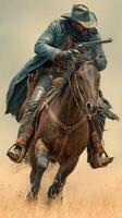 Rider in a long coat holding a pistol, galloping across a grassy plain during sunset in a western landscape photo