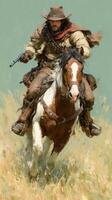 Cowboy riding a horse across a grassy field during sunset with a weapon drawn and adventurous spirit photo