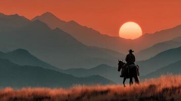 Horseback rider enjoys sunset over mountain landscape in a serene, natural setting photo