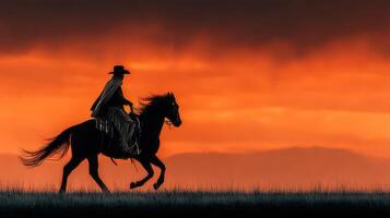 Cowboy riding a horse against a vibrant sunset sky in the open fields of the American West photo