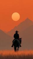 Cowboy riding horse into sunset over mountains with warm orange sky reflecting peaceful evening atmosphere photo
